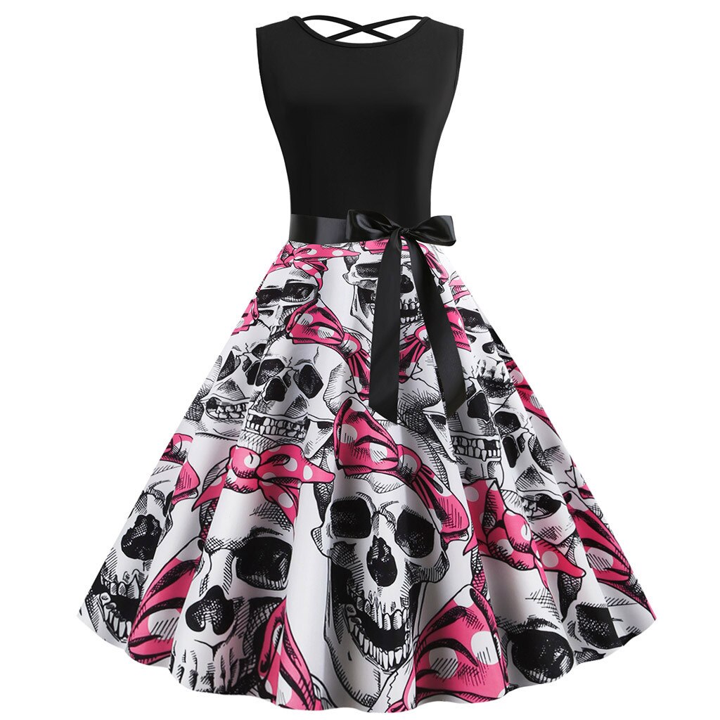 Halloween Print Sleeveless Dress – Black