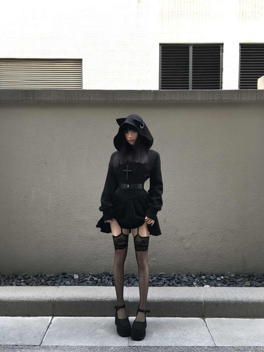 Gothic Fleece-Lined Hoodie Dress – Black – view 5