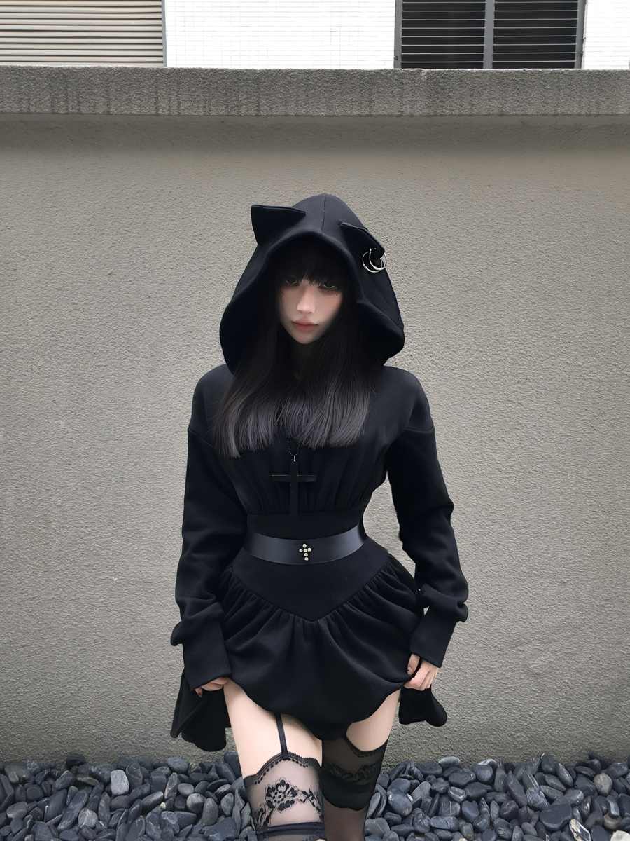 Gothic Fleece-Lined Hoodie Dress – Black – view 3