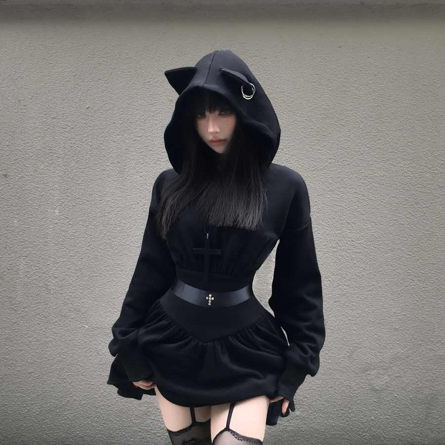 Gothic Fleece-Lined Hoodie Dress – Black